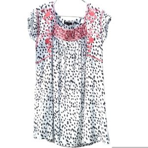 Oddy Embroidered Dress Black and White Print Pink Embroidery Square Neck